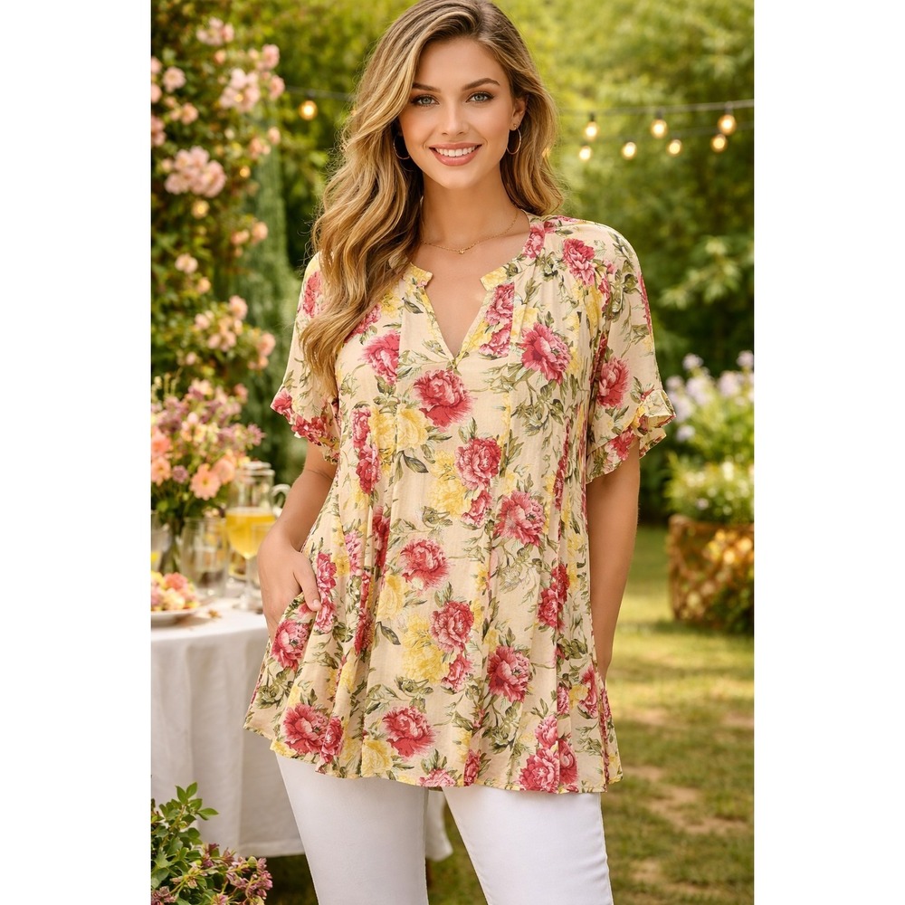 UMGEE USA Floral Tunic Blouse Large Boho Peasant Flowy Split Neck -2755